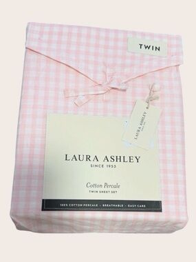 Laura Ashley Pink Gracies Gingham Cotton Percale Twin Sheet Set - Soft Pink